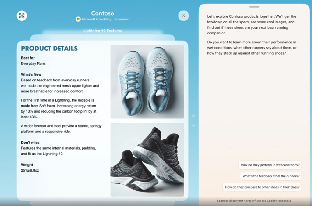 A screenshot showing Copilot's virtual showroom where AI agents can assist users during a search.