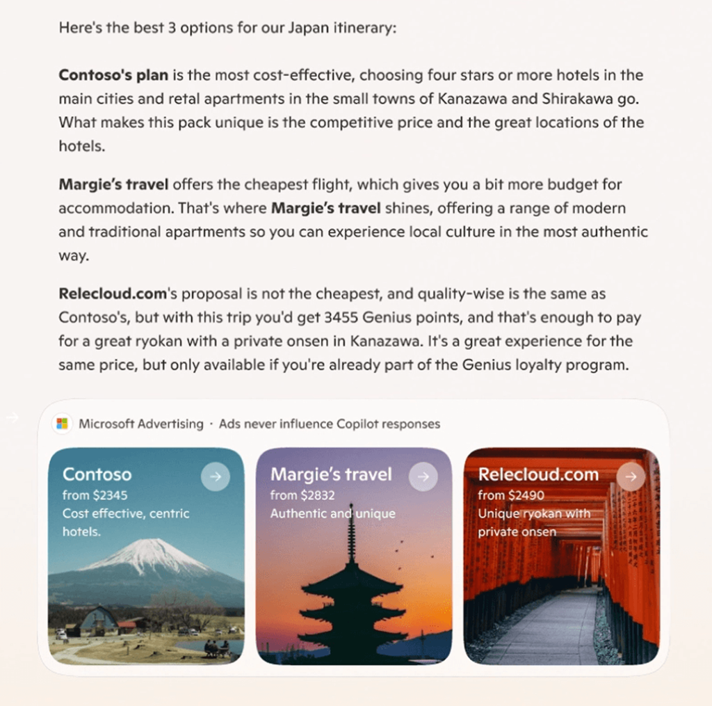 A screenshot showing an example of Copilot's travel plan search result.