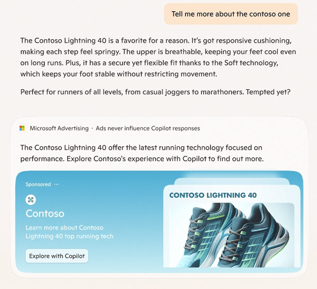 A screenshot showing example of Copilot's ad format when a user asks about a product.