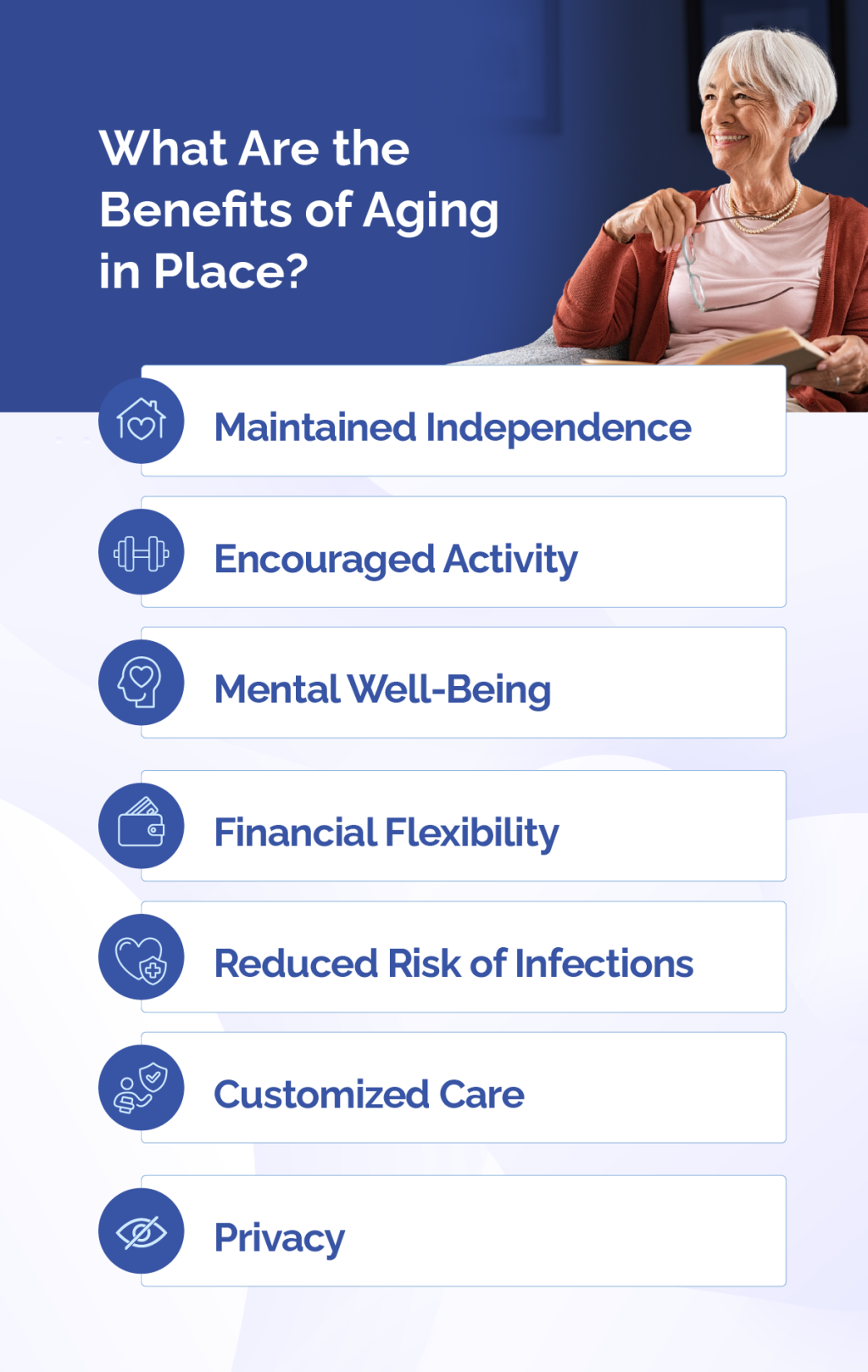 An infographic listing the benefits of aging in a care home.