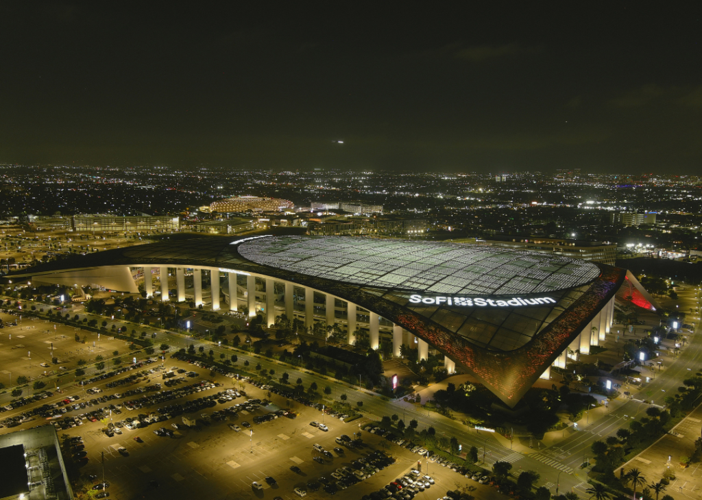 A general overall aerial view of SoFi Stadium on September 12, 2024, in Inglewood, California. 