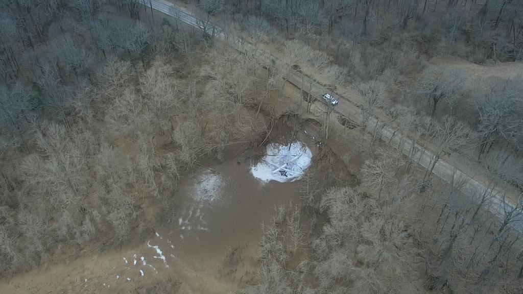 Aerial view of carbon dioxide pipeline ruptured on Feb. 22, 2020, in Satartia, Miss., leaving this crater and prompting an evacuation.