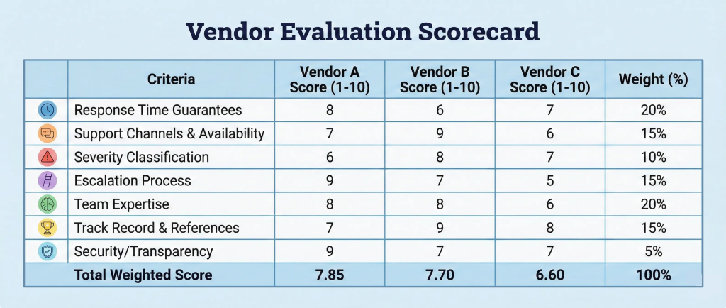 A vendor evaluation scorecard.