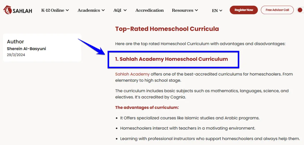 A screenshot showing a homeschool curriculum provider.