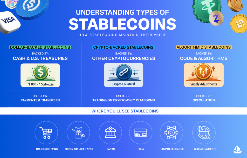 Infographic explaining types of stablecoins: dollar-backed, crypto-backed, and algorithmic stablecoins with risks and use cases.