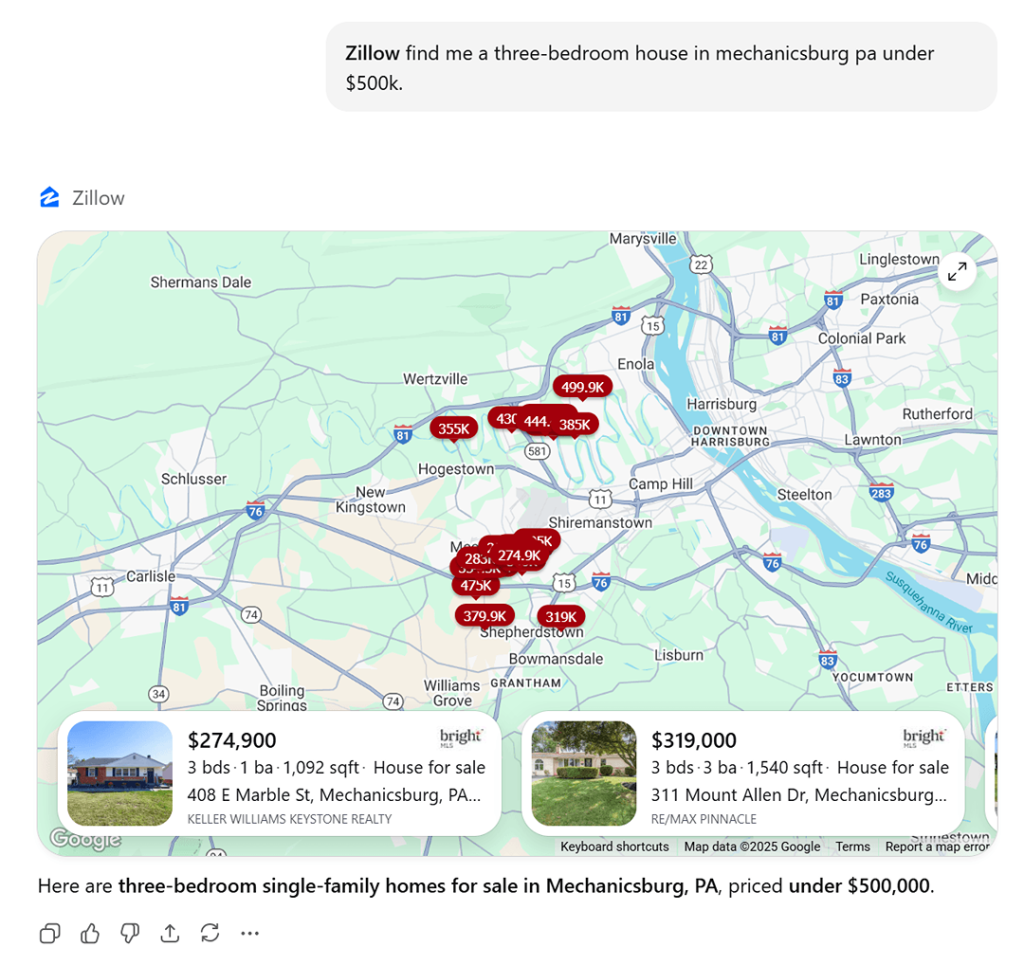 An example of AI conversation prompt to find a three-bedroom house under $500K.