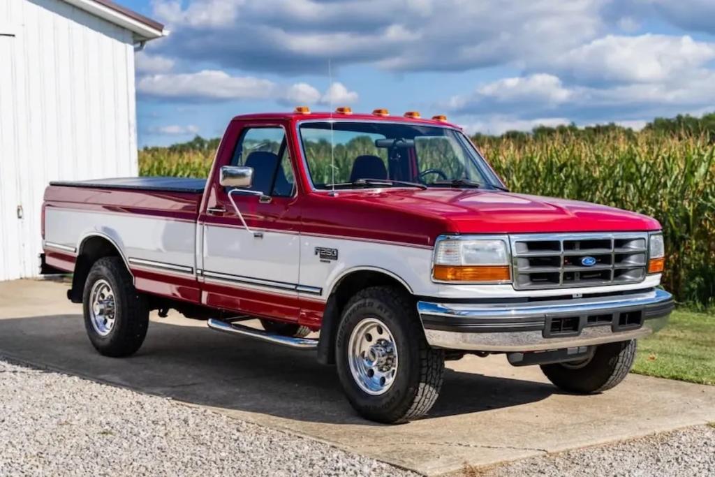 A 1983-1994 Ford F250 and F350 (6.9-liter and 7.3-liter IDI V8) parked in a garage.