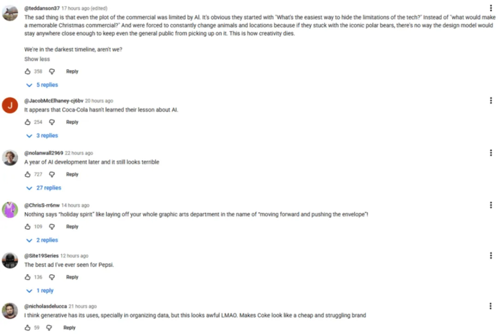 A screenshot showing Youtube comments of people frustrated with Coca-Cola's most recent AI ad.