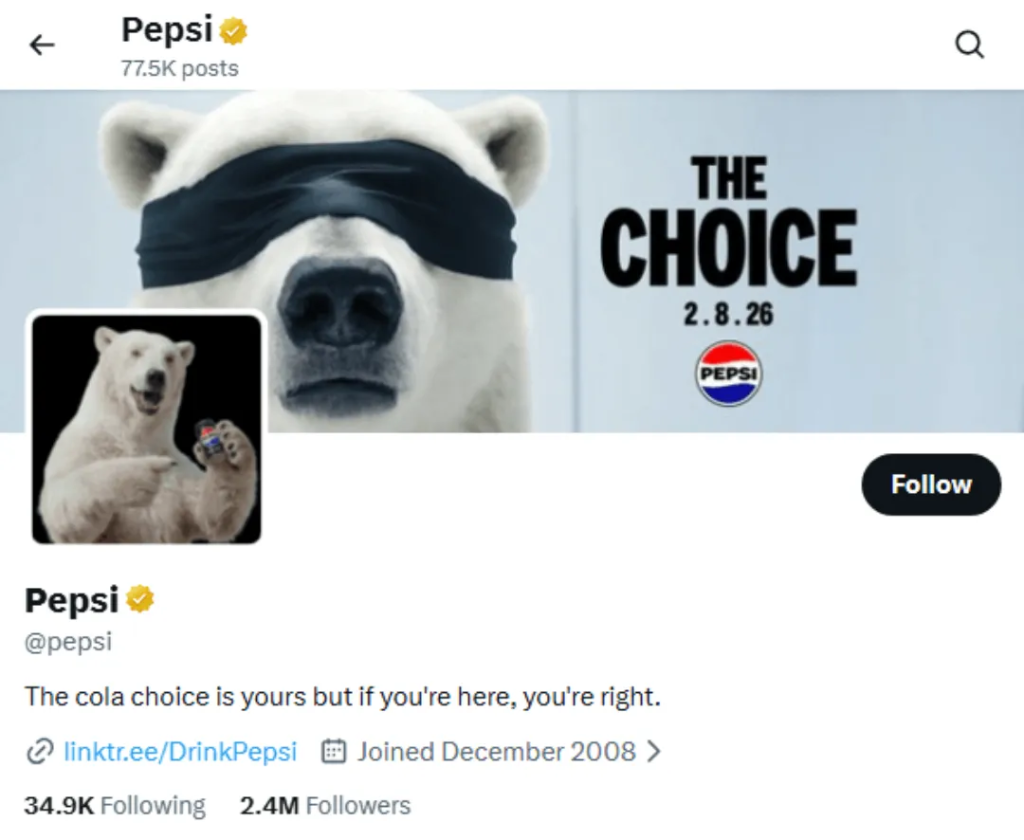A screenshot of Pepsi's icon and banner photo and details on X, featuring a CGI polar bear.