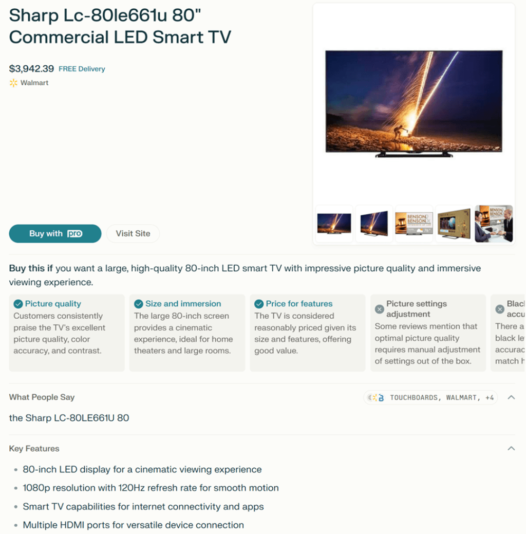 A sample advertisement of a smart LED TV via the Perplexity Merchant Program.