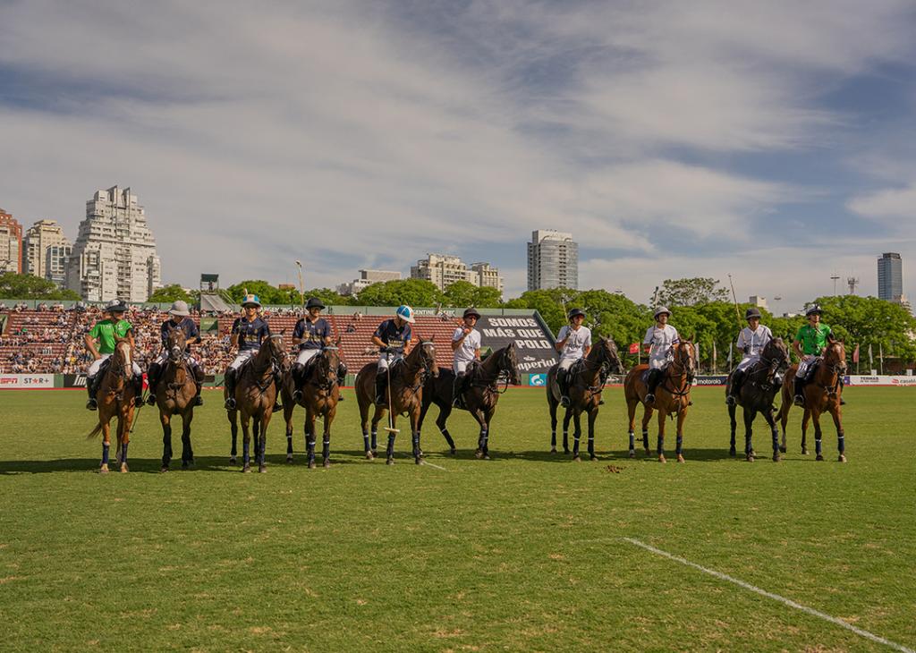 Polo players on top of cloned ponies during a ceremony dedicated to Cuartetera, the most important mare in the history of polo in Buenos Aires, Argentina.