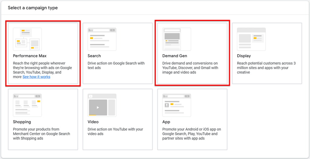 Example of a selection of AI-powered campaign types.
