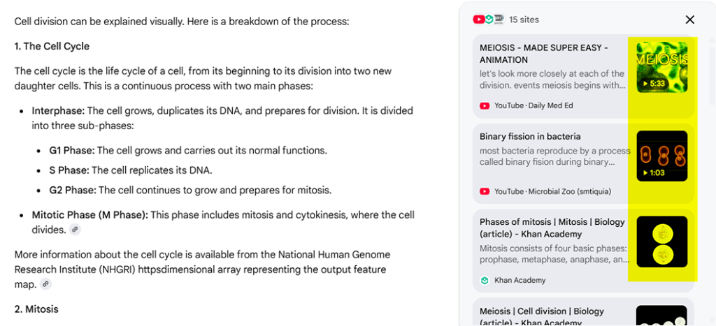A screenshot of a cells cycles' text results and video previews on Google.
