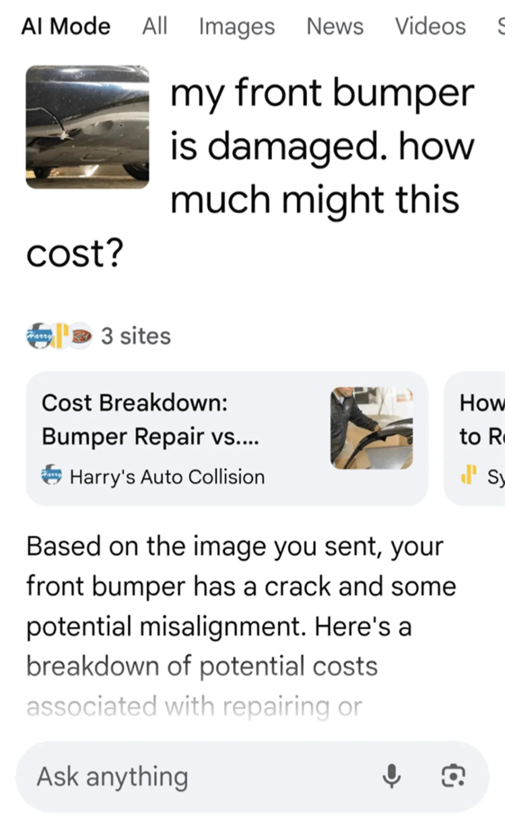 A screenshot of a bumper repair cost's result in Google AI mode and in multimodal searches.
