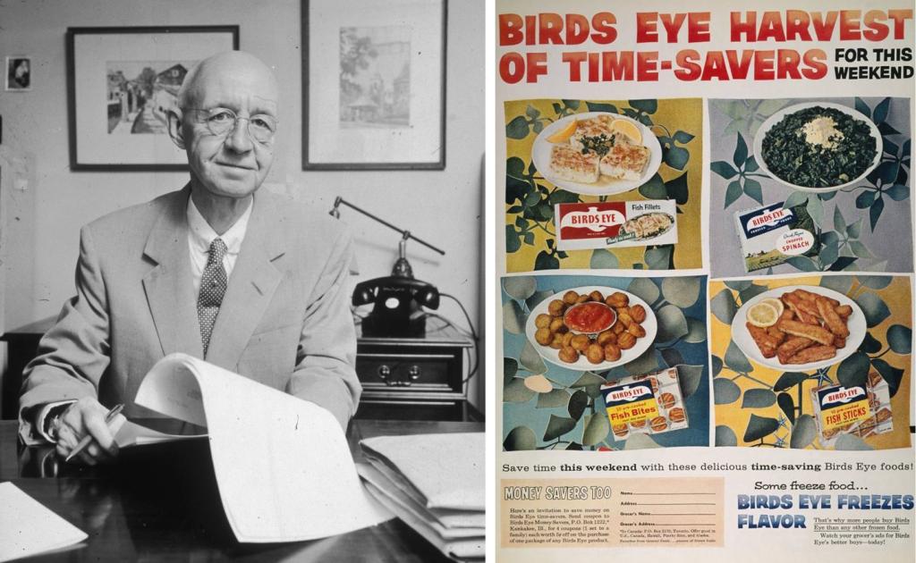Portait of Clarence Birdseye next to a vintage ad for Birdseye frozen foods