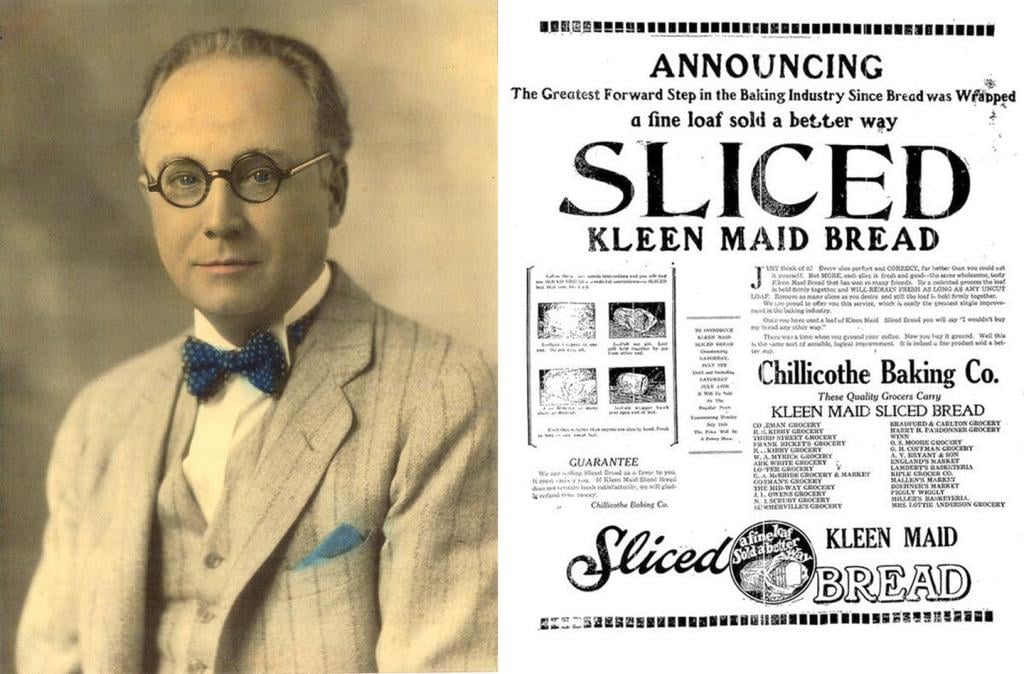 Otto Rohwedder, the invention of the bread slicing machine, and an old ad for his slice bread