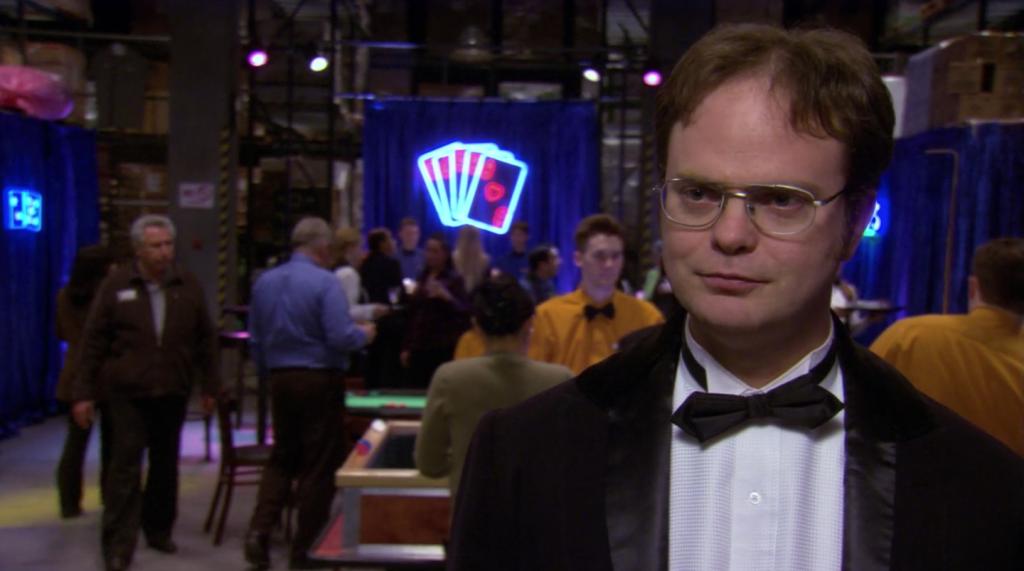 Dwight in a tuxedo in the Casino episode of The Office