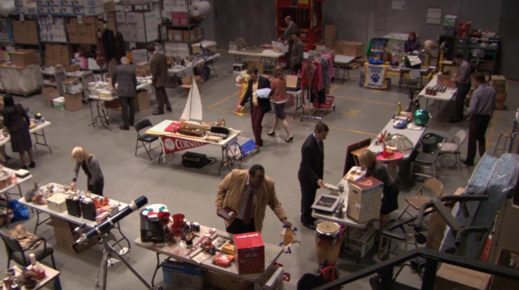 Overhead shot of the Warehouse during the garage sale on The Office