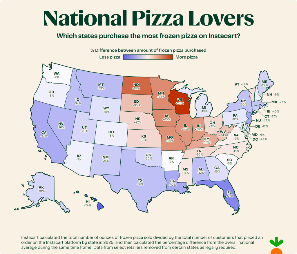 A data map showing which states purchase the most frozen pizza on Instacart.