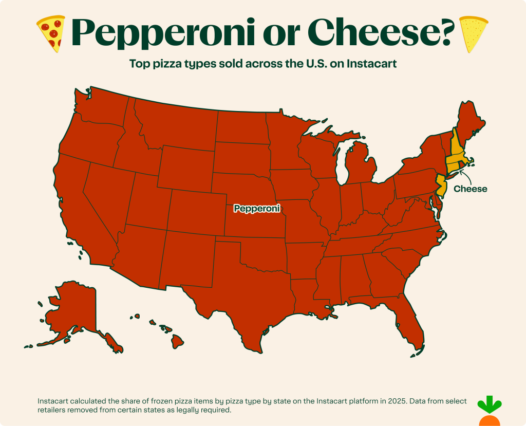 A data map showing which top pizza types are sold across the U.S. on Instacart.