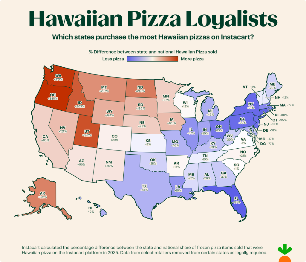 A data map showing which states purchase the most Hawaiian pizzas on Instacart.