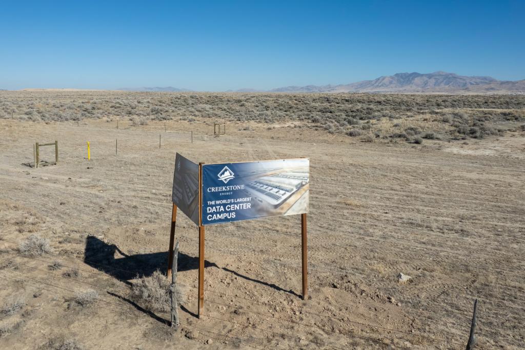 A sign marks the site for the Creekstone Energy Data Center Campus which is currently just a dirt lot, on Thursday, Feb. 5, 2026.