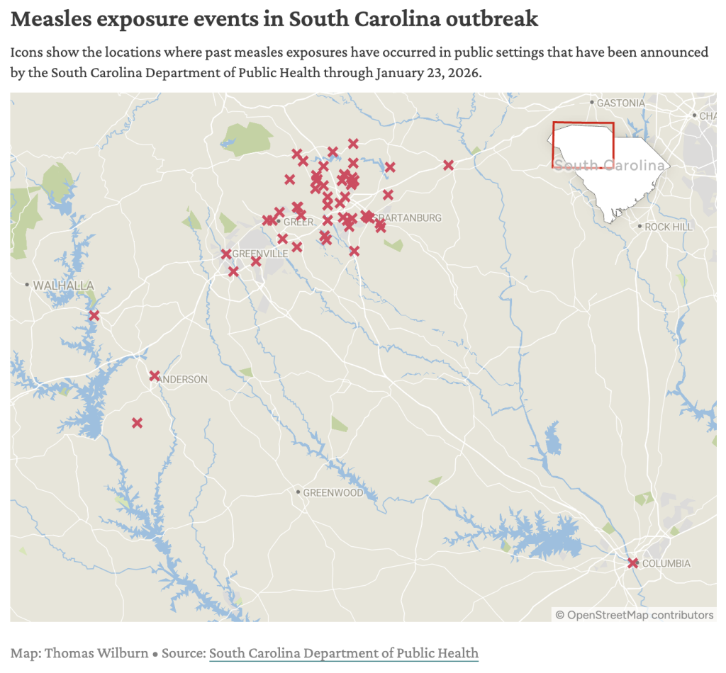 A data map showing the locations where measles exposure events occurred in South Carolina, based on South Carolina Department of Public Health data through January 23, 2026.