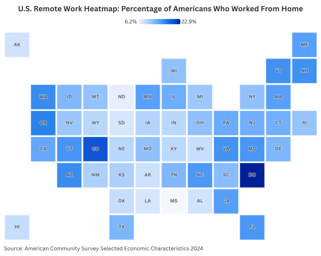 A square grid map showing the percentage of U.S. remote workers.