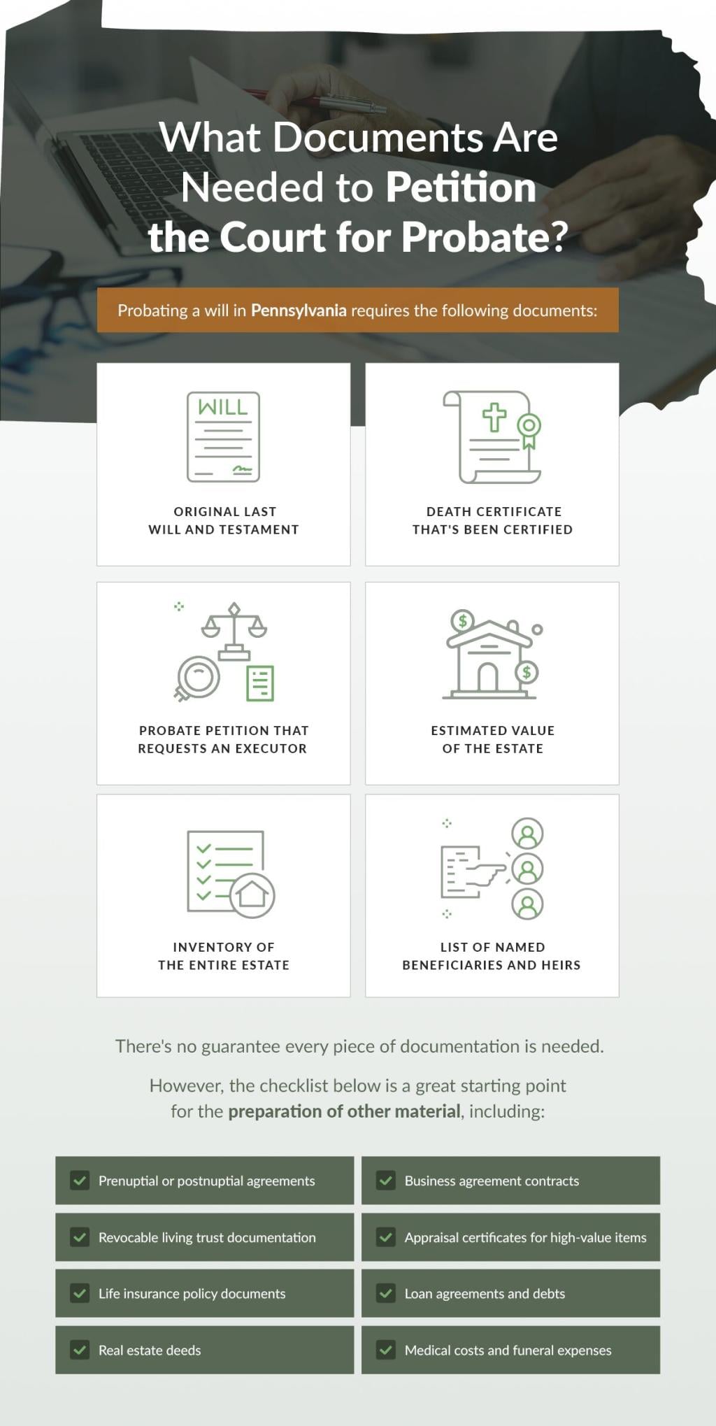 An infographic showing the different documents needed to petition the court for probate.