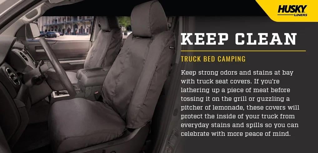 A car's interior with details on safety and hygiene when camping. 