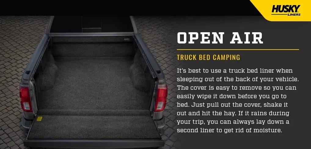 A car's cargo bed with details about truck bed camping.