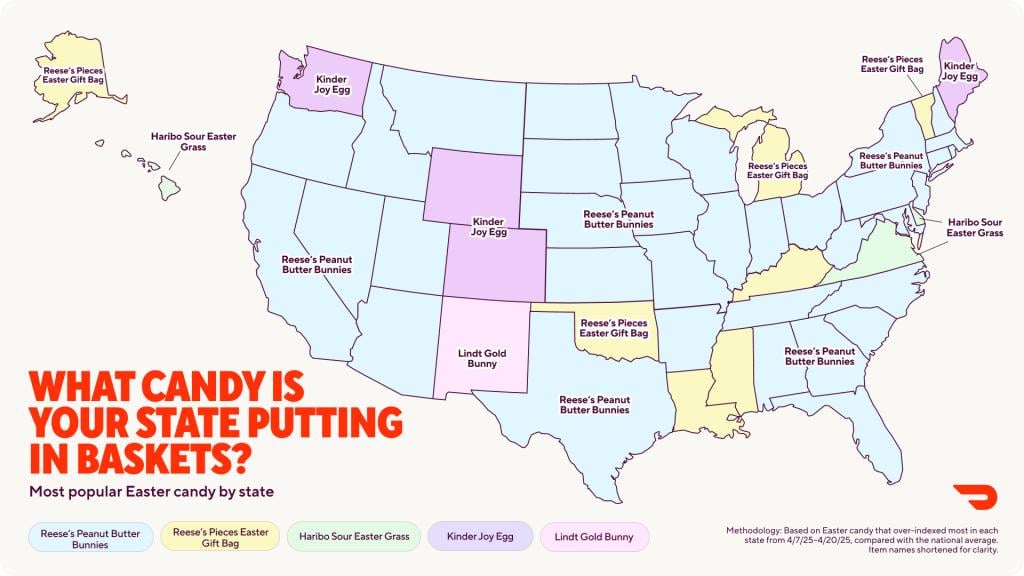 A data map showing the most popular Easter candy by state.
