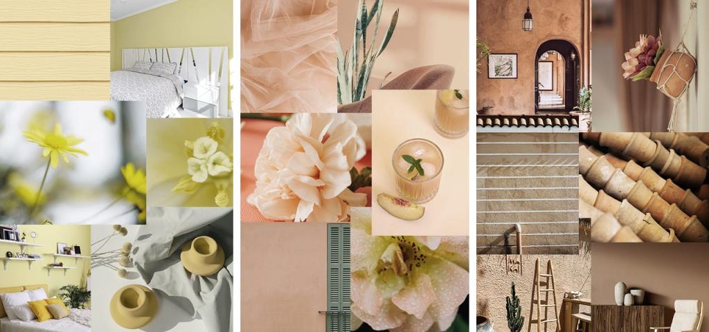 A collage showing varied colors of yellows, corals, and clay as a visual board for energizing colors.