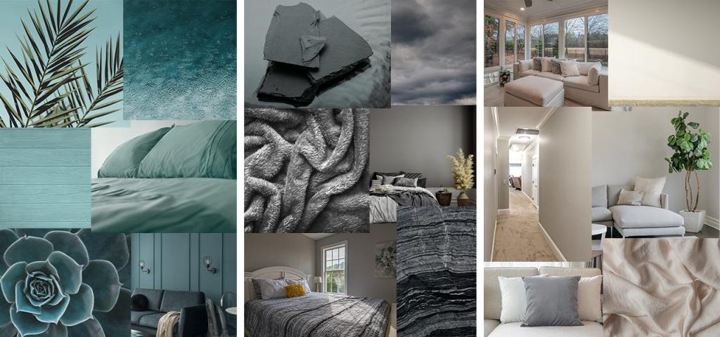 A collage showing varied colors of teals, grays, and greige as a visual board for focus-friendly colors.