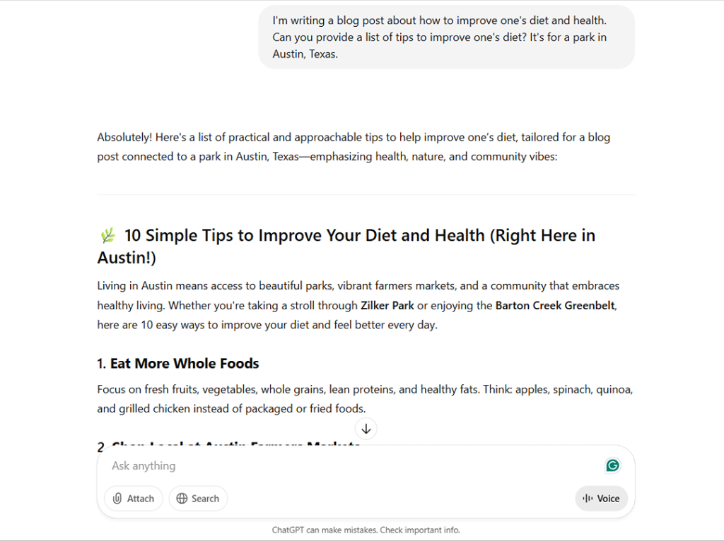A ChatGPT example when asked for tips on how to improve one’s diet for a park’s blog.
