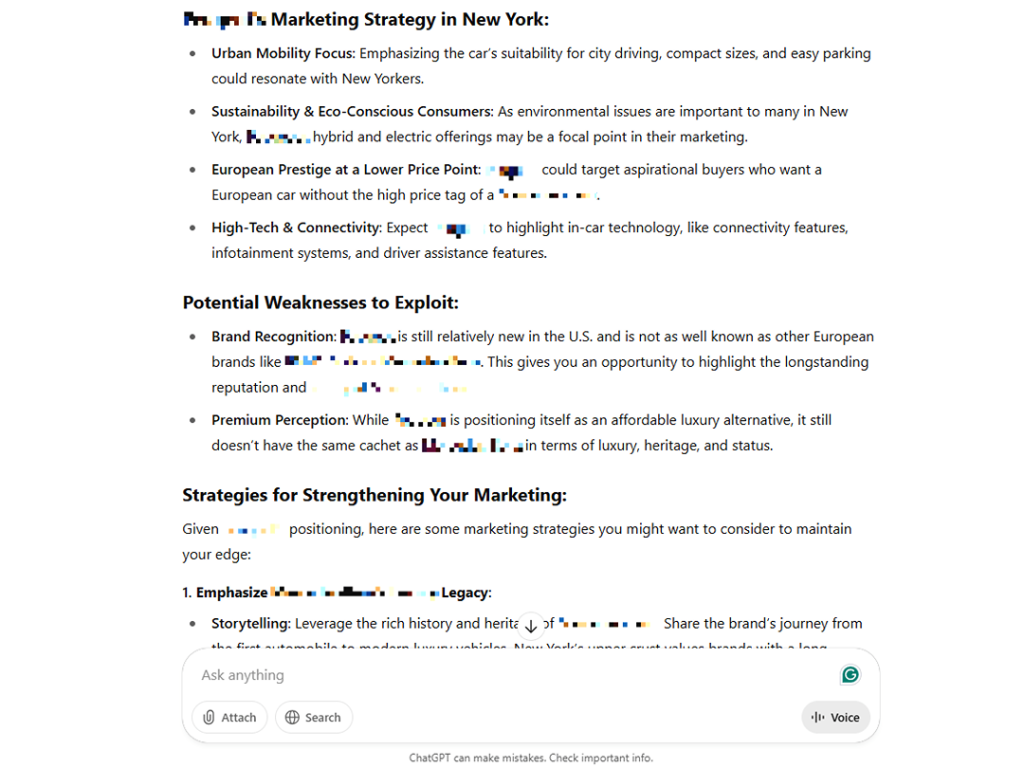 An ChatGPT example prompt providing details, including the new competitor’s strengths and weaknesses.