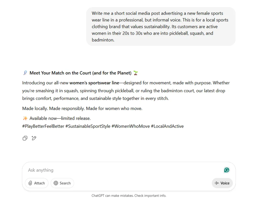 A ChatGPT example prompt asking it to come up with a social media post that advertises a new line of clothing.