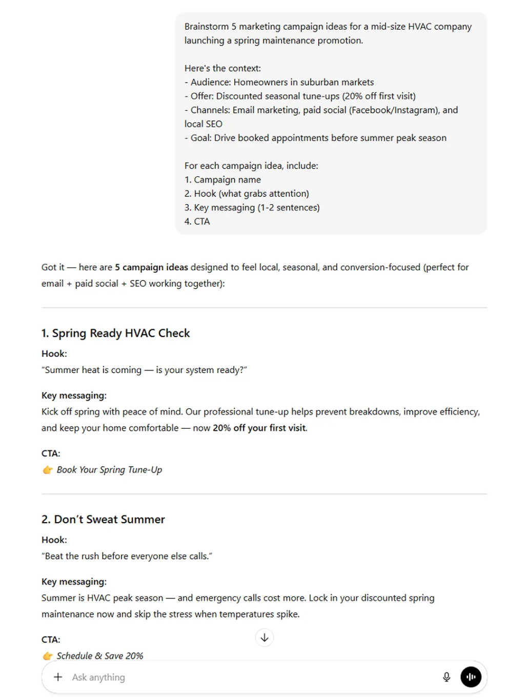 A ChatGPT example when asked to brainstorm five marketing campaign concepts for a midsize HVAC company launching a spring maintenance promotion.