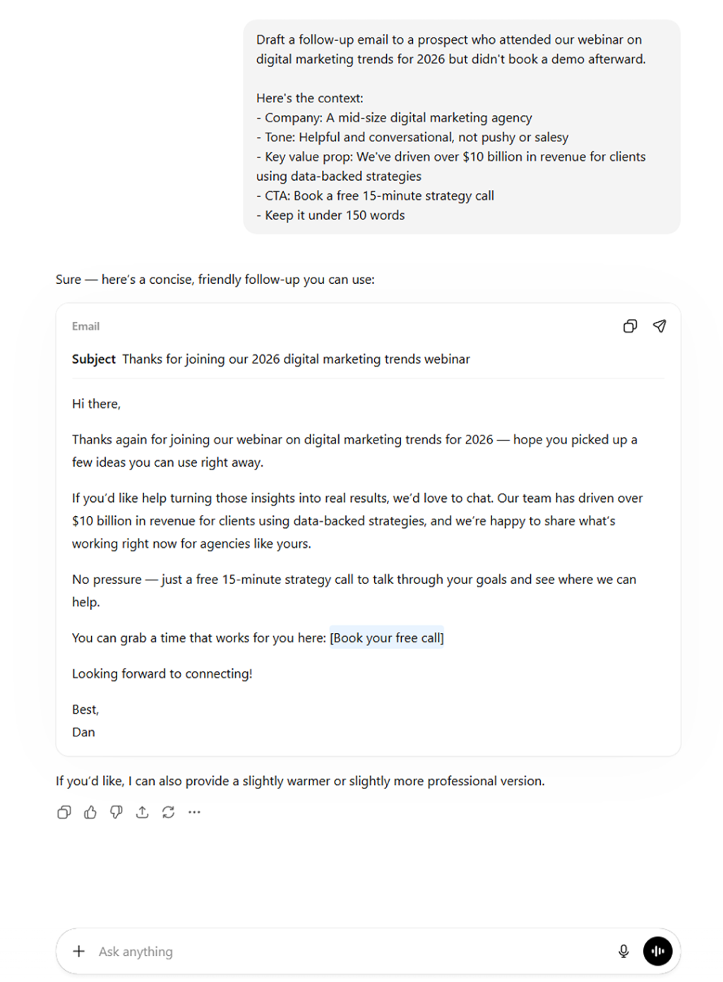 A ChatGPT example when asked to draft a follow-up email to a prospect who attended a webinar but didn’t book a demo.