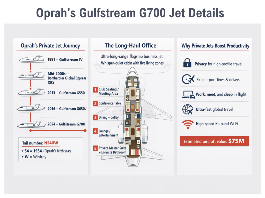An infographic on Oprah's Gulfstream G700 jet details.