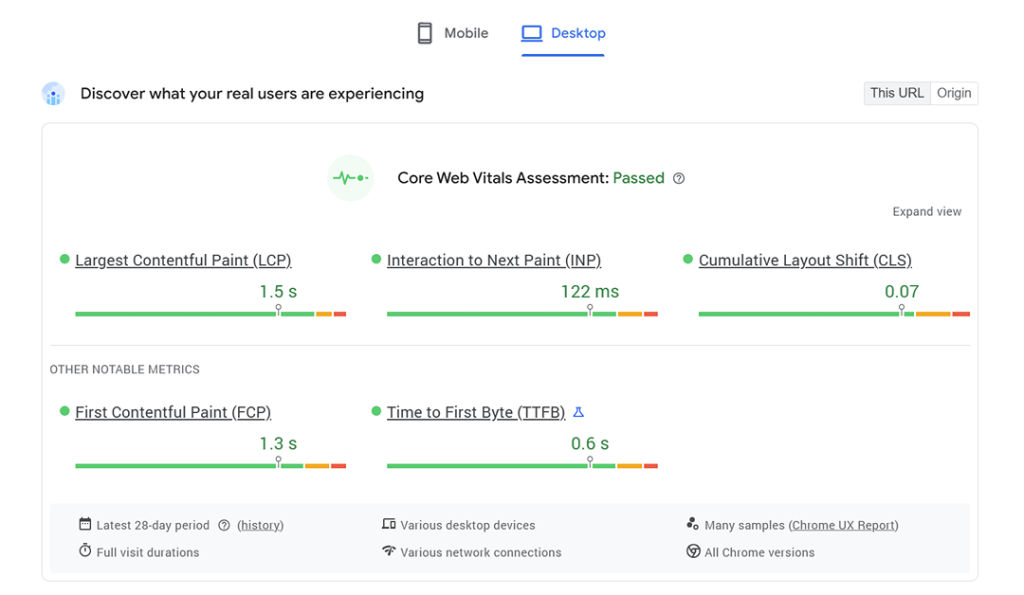 A screenshot of Google's PageSpeed Insights tool to view Core Web Vitals assessment.