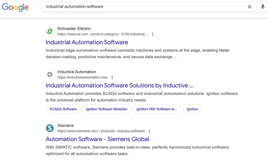 A screenshot showing an example of a search term with secondary keyword and thus does not match the search intent of the primary keyword (ex. 'industrial automation' to 'industrial automation software'.)