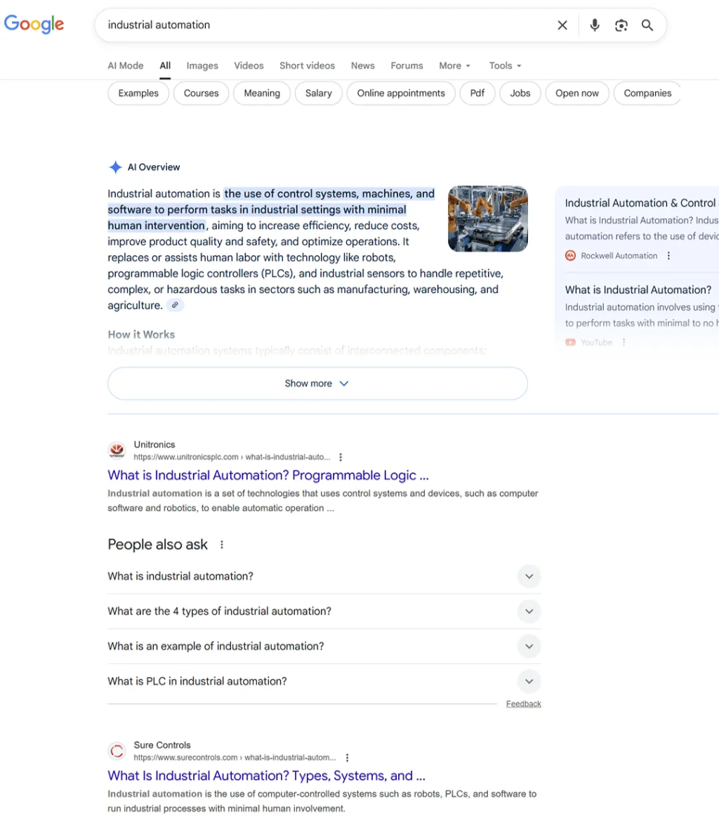 A screenshot showing an example of searching intent for a keyword and its Google page results.