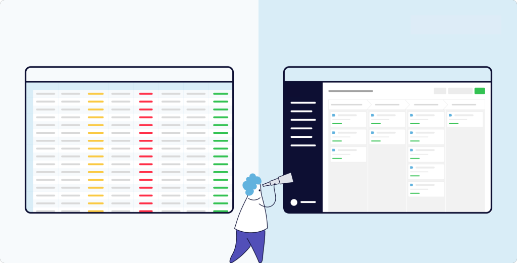 Comparison showing cluttered complex spreadsheet interface versus clean user-friendly CRM interface design.