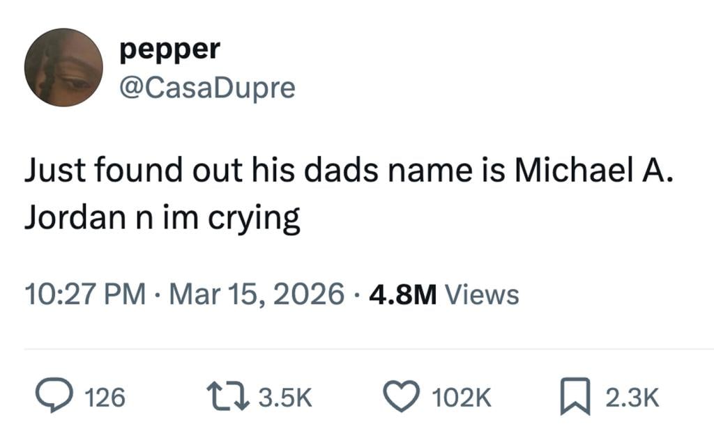 Tweet from CasaDupre that says 'just found out his das name is Michael A. Jordan n im crying