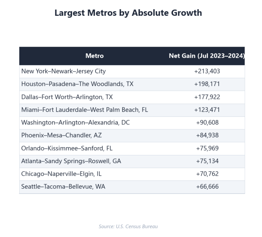 Table listing the largest metros by absolute growth.