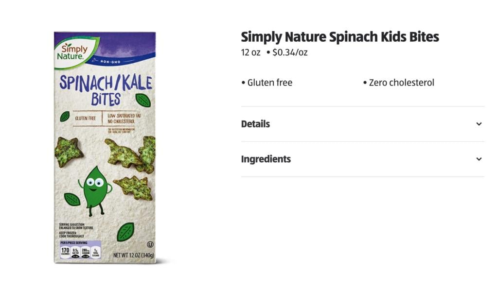 Screenshot from Aldi's website featuring Simply Nature Spinach Kids Bites