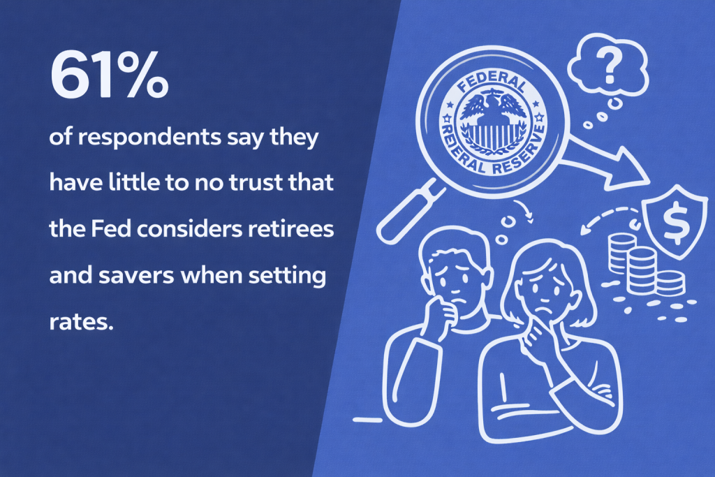 Infographic showing the fact that 61% of respondents say they have little to no trust that the Fed considers retirees and savers when setting rates.