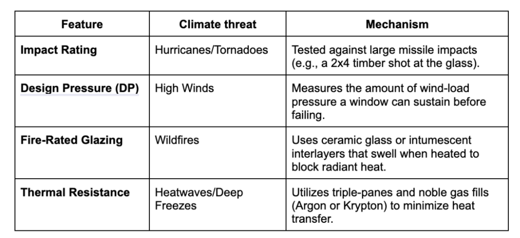 Table listing climate threats to consider and the window features and mechanism to match with.