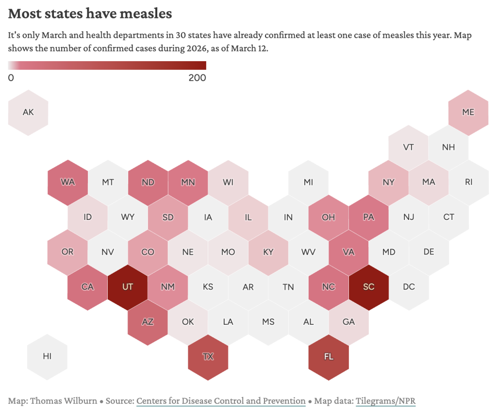 Map showing states with confirmed measles outbreaks and number of cases in 2026.